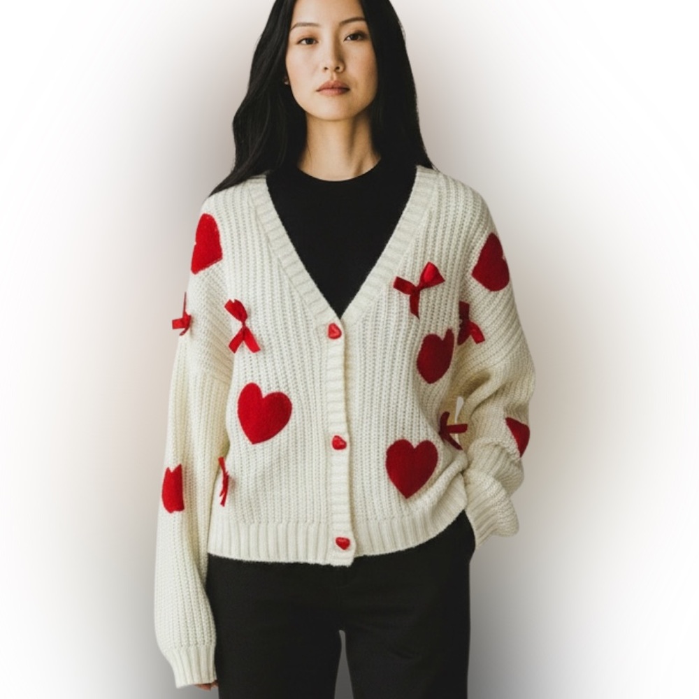 Forever & Ever cardigan featuring red hearts long sleeve VNeck heart buttons M